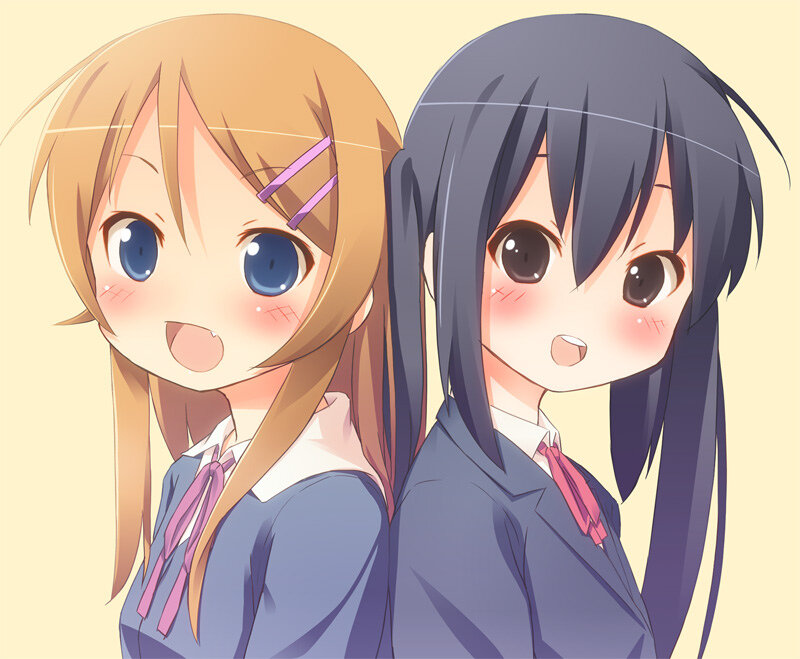 Two Anime Girls — Blue, Cheerful, School Uniform