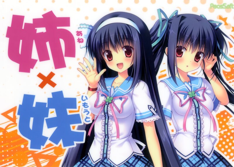 Two Anime Girls — Blue, Cheerful, School Uniforms, Text