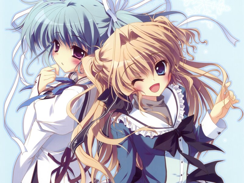 Two Anime Girls — Blue, Cheerful, School Uniforms