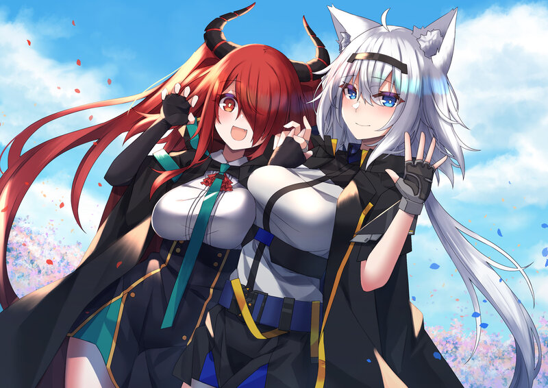 Two Anime Girls — Blue, Cheerful, Spring, Cat Ears
