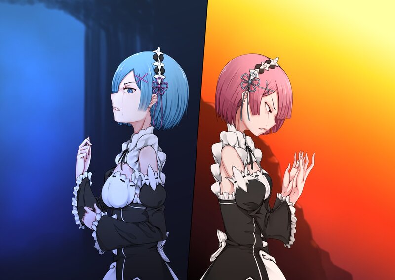 Two Anime Girls — Blue, Dramatic, Digital Art, Dress