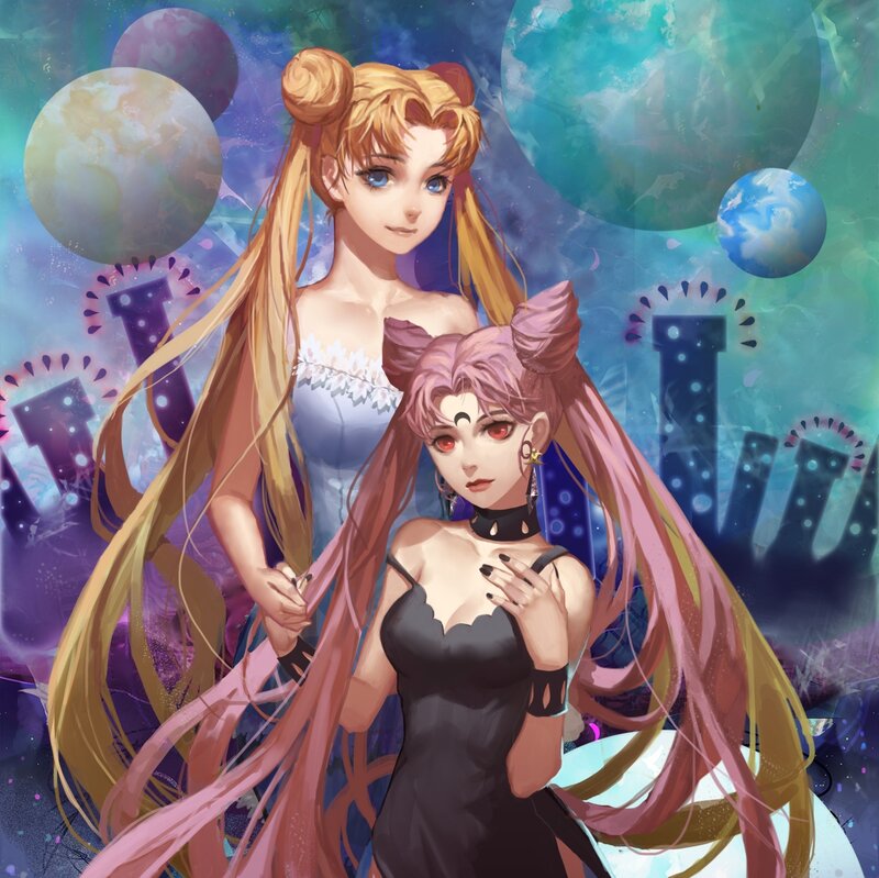 Two Anime Girls — Blue, Dramatic, Digital Art, Planets