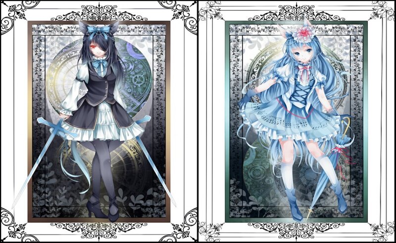 Two Anime Girls — Blue, Dramatic, Digital Art, Swords