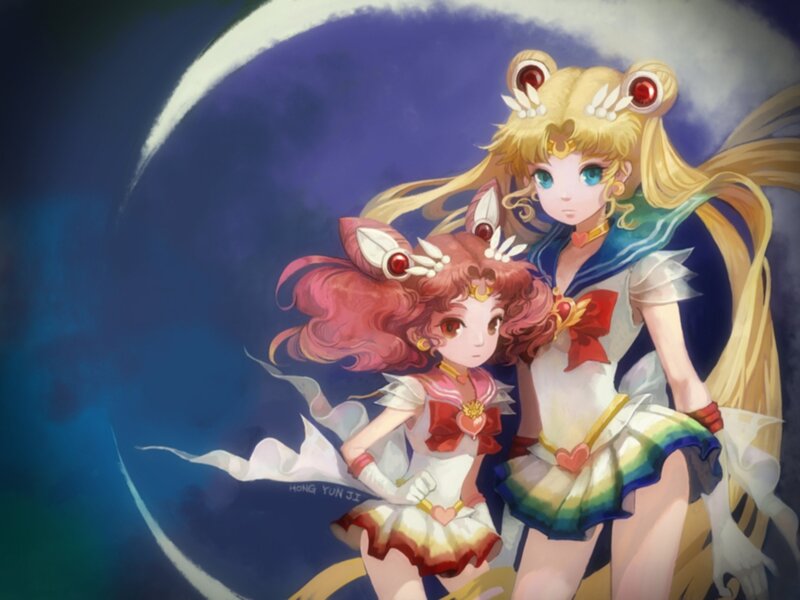 Two Anime Girls — Blue, Dramatic, Night, Digital Art, Moon