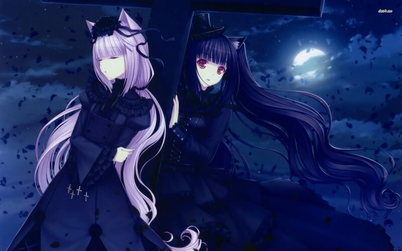 Two Anime Girls — Blue, Dramatic, Night, Moon