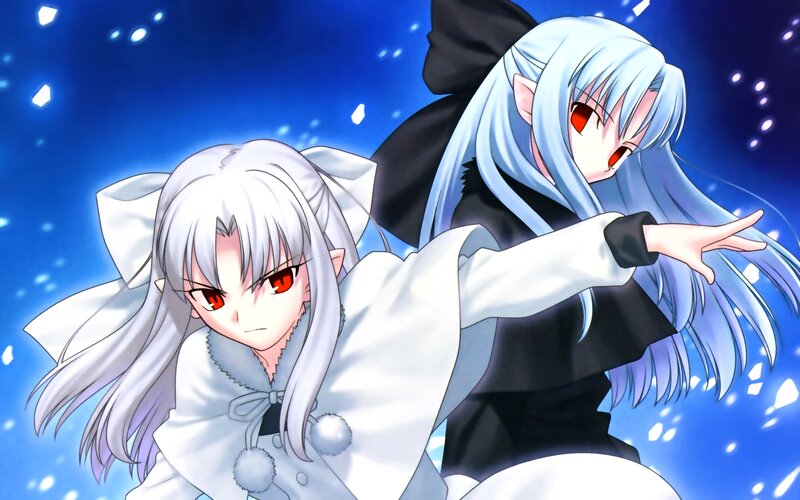 Two Anime Girls — Blue, Dramatic, Night, Snow