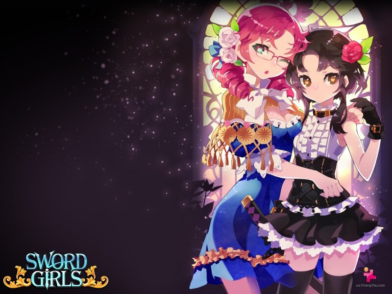 Two Anime Girls — Blue, Dramatic, Night, Stained Glass Window