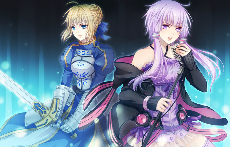 Two Anime Girls — Blue, Dramatic, Night, Sword