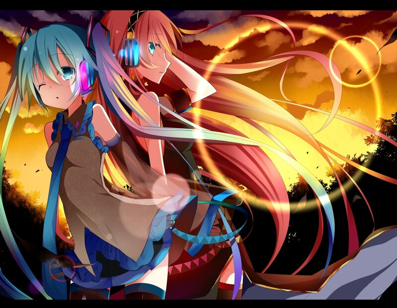 Two Anime Girls — Blue, Dramatic, Sunset, Headphones