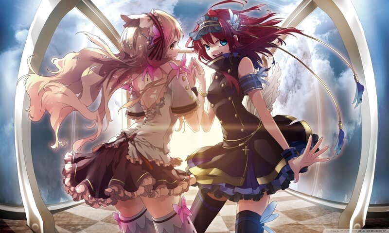 Two Anime Girls — Blue, Dramatic, Wings, Long Hair