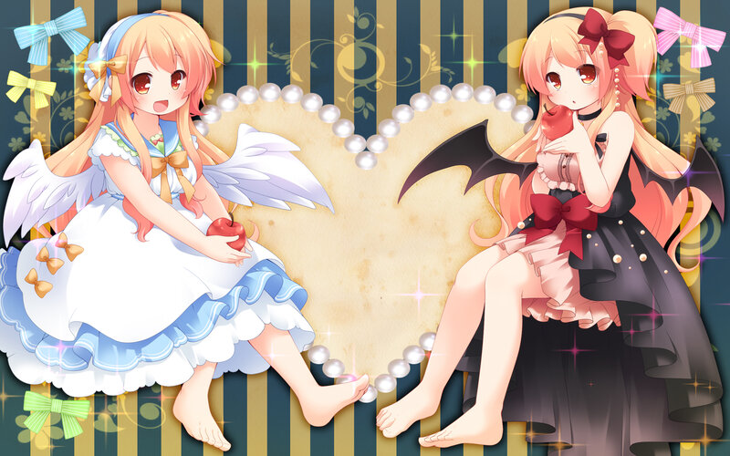 Two Anime Girls — Blue, Playful, Apples