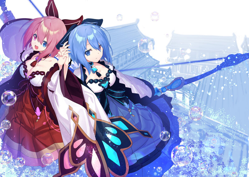 Two Anime Girls — Blue, Playful, Bubbles
