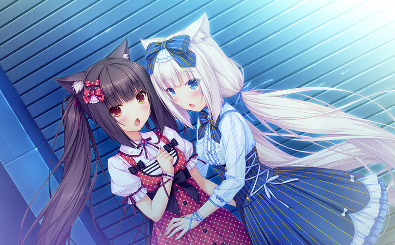 Two Anime Girls — Blue, Playful, Cat Ears, Fox Ears