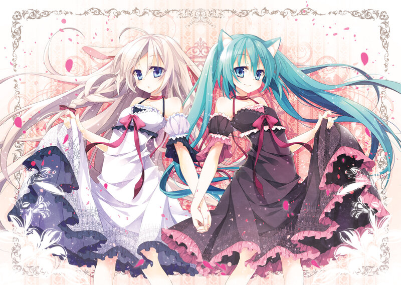 Two Anime Girls — Blue, Playful, Cat Ears, Long Hair