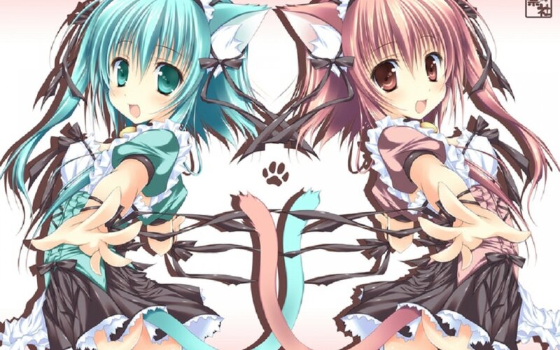 Two Anime Girls — Blue, Playful, Cat Ears