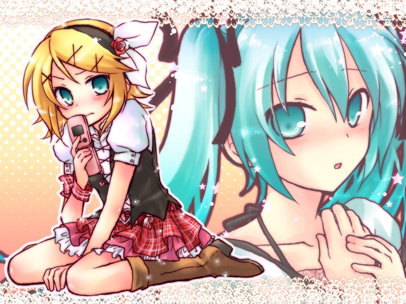 Two Anime Girls — Blue, Playful, Cell Phone