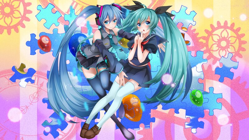 Two Anime Girls — Blue, Playful, Digital Art, Puzzle Pieces