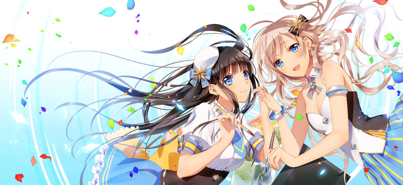 Two Anime Girls — Blue, Playful, Flowers, Hair