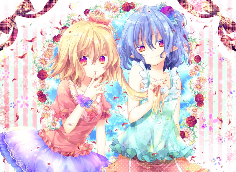 Two Anime Girls — Blue, Playful, Flowers