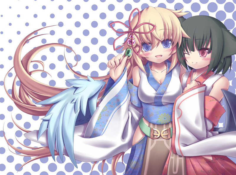 Two Anime Girls — Blue, Playful, Kimono