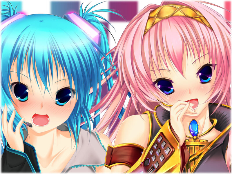 Two Anime Girls — Blue, Playful, Microphone