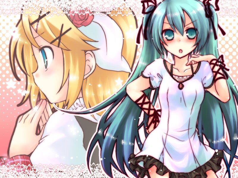 Two Anime Girls — Blue, Playful, Roses, Bows