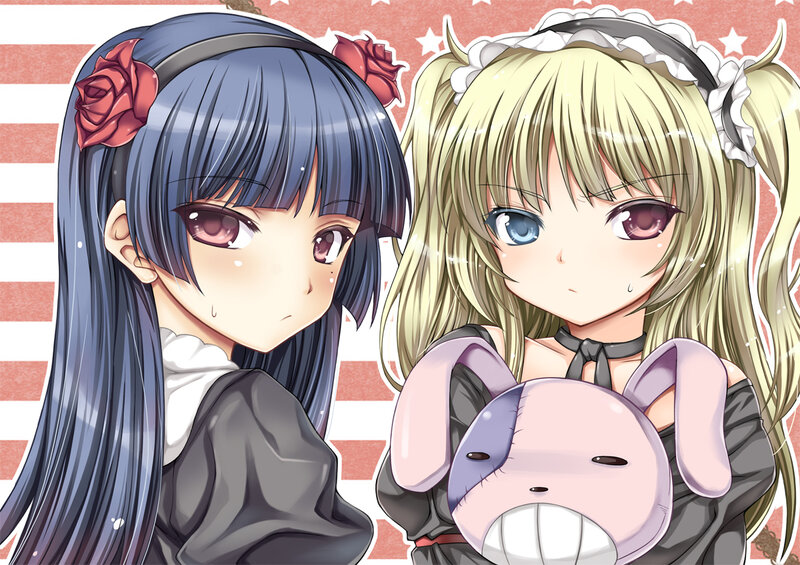 Two Anime Girls — Blue, Playful, Roses