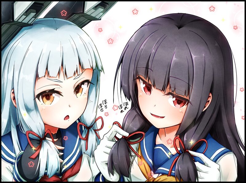 Two Anime Girls — Blue, Playful, School Uniforms, Bows