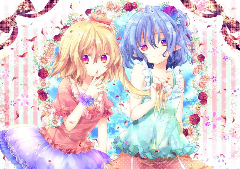 Two Anime Girls — Blue, Playful, Spring, Flowers