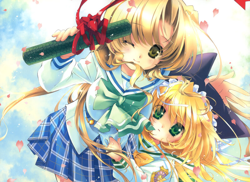 Two Anime Girls — Blue, Playful, Spring