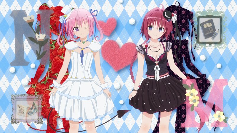 Two Anime Girls — Blue, Playful, Strawberries