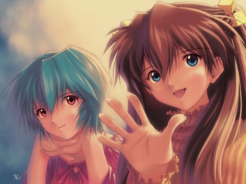 Two Anime Girls — Blue, Playful, Sunset