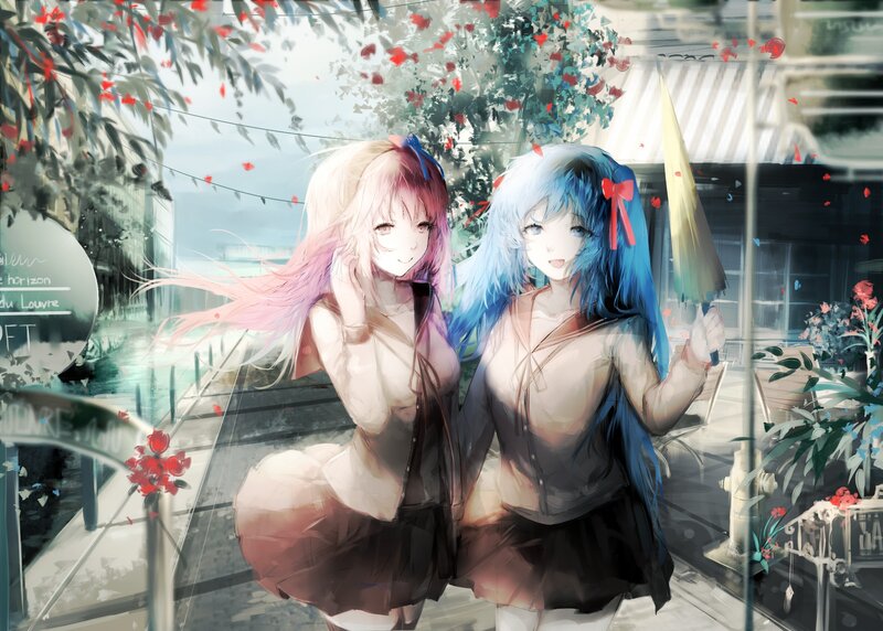 Two Anime Girls — Blue, Serene, Afternoon, Digital Art, Umbrella