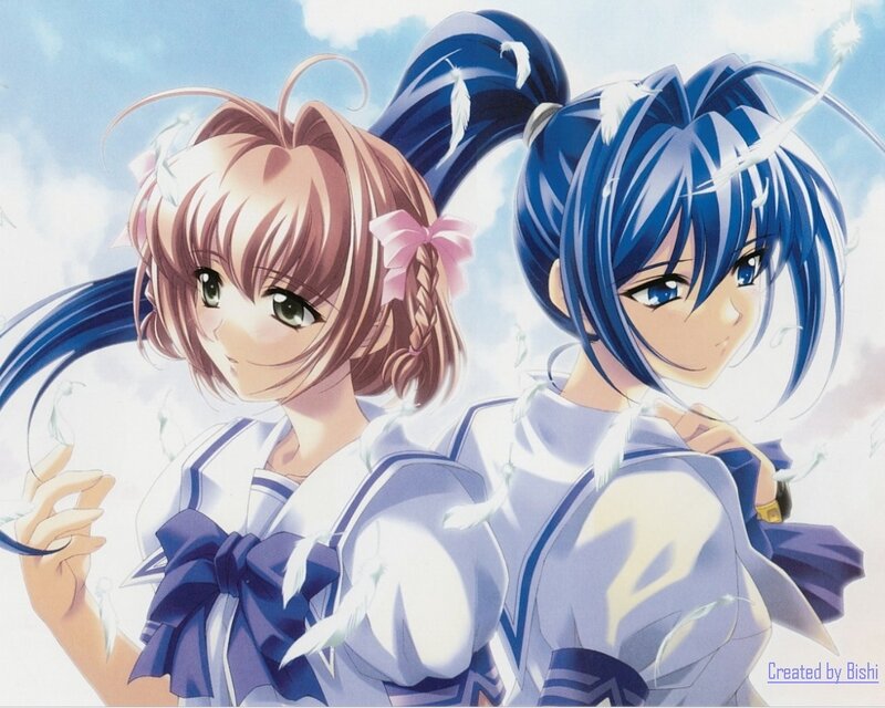 Two Anime Girls — Blue, Serene, Afternoon, School Uniforms, Feathers, Sky
