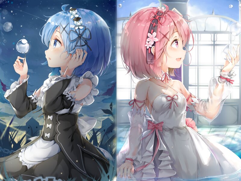 Two Anime Girls — Blue, Serene, Night, Bubbles