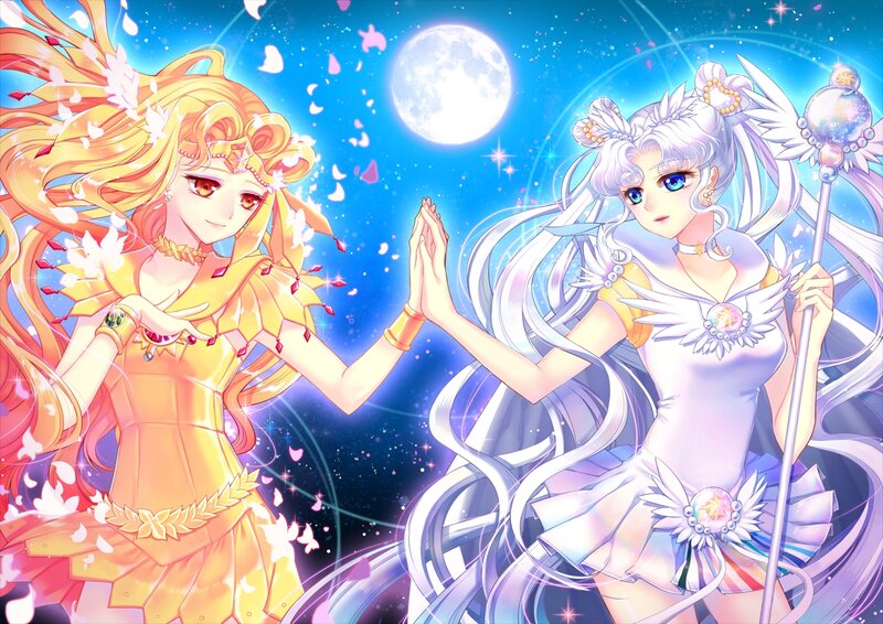 Two Anime Girls — Blue, Serene, Night, Moon