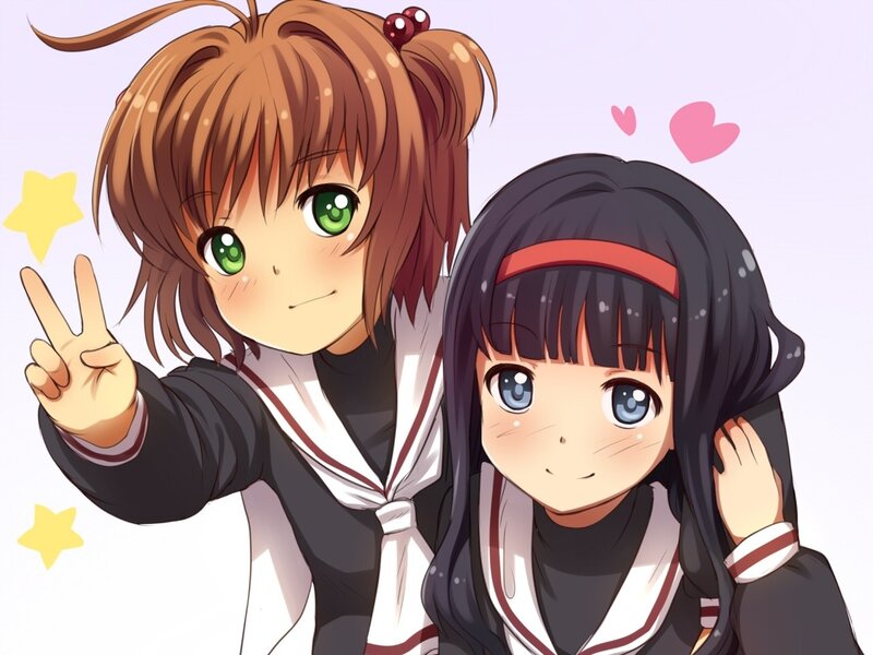 Two Anime Girls — Brown, Cheerful, School Uniforms, Peace Sign