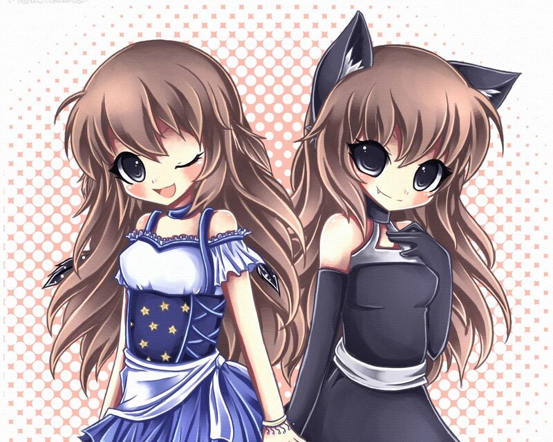 Two Anime Girls — Brown, Playful, Cat Ears