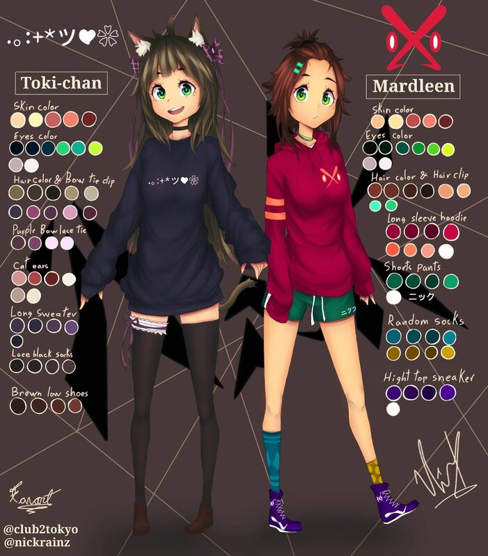 Two Anime Girls — Brown, Playful, Character Design Sheet