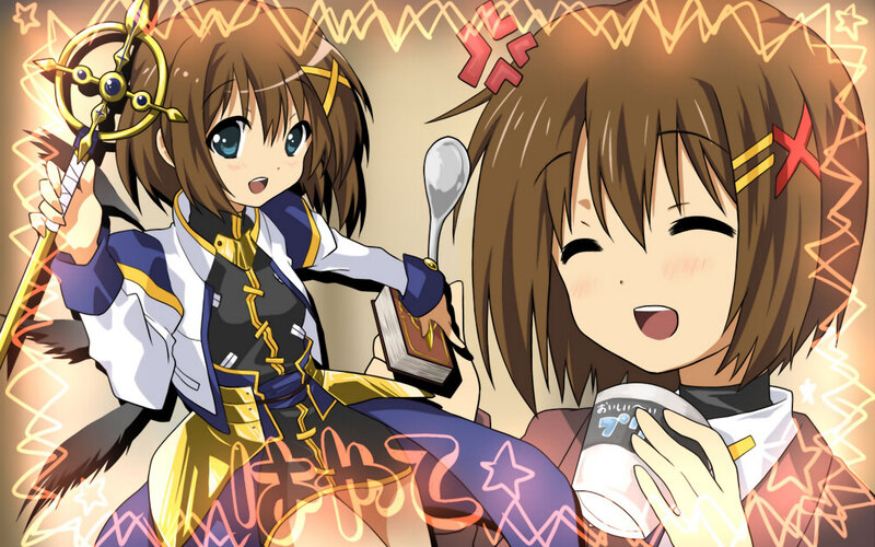 Two Anime Girls — Brown, Playful, Magic Staff