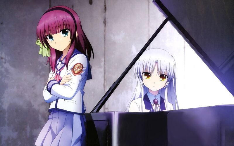 Two anime girls by a piano