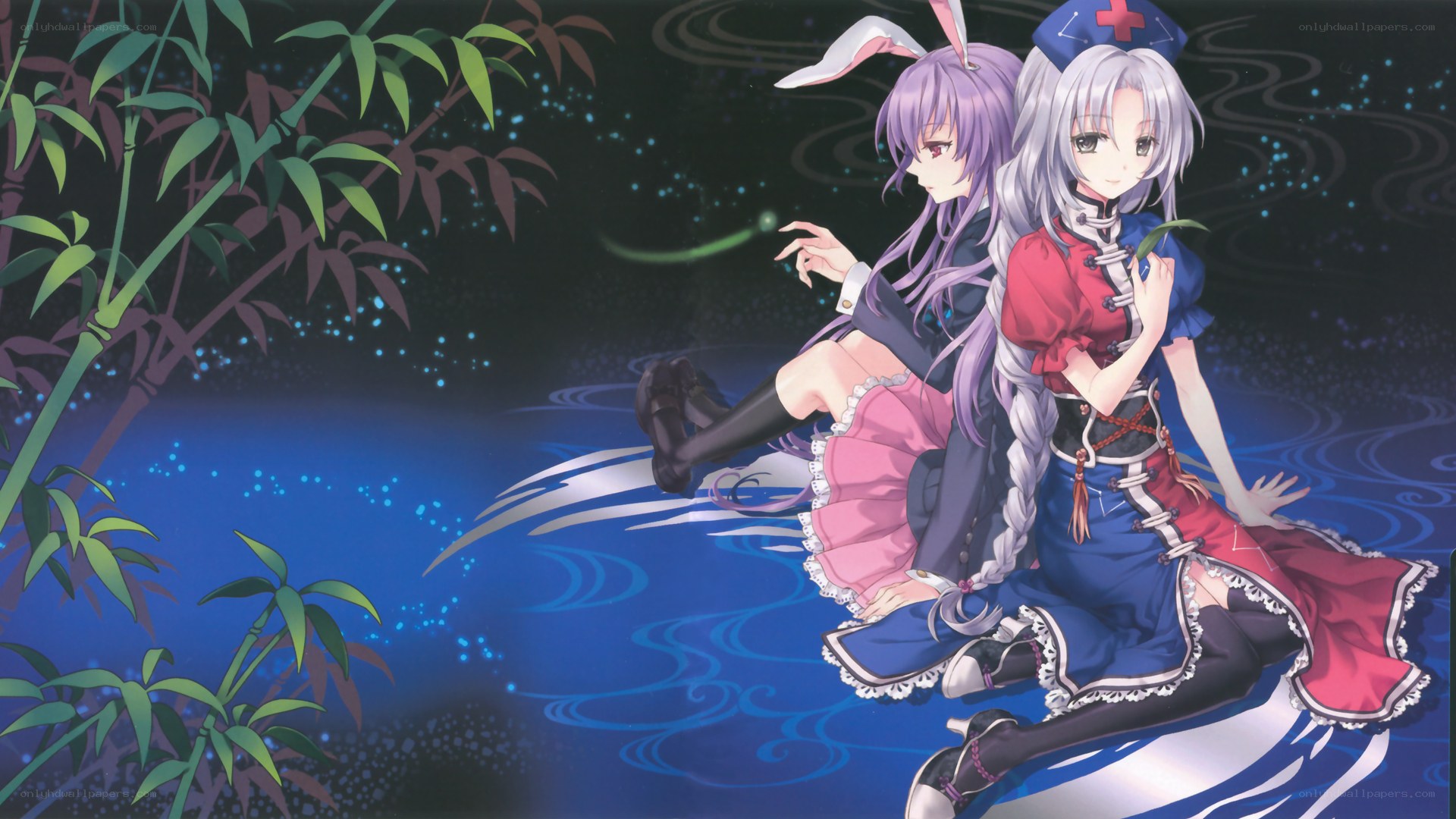Two anime girls by a pond