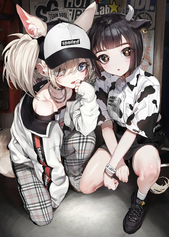 Two Anime Girls Crouching — White