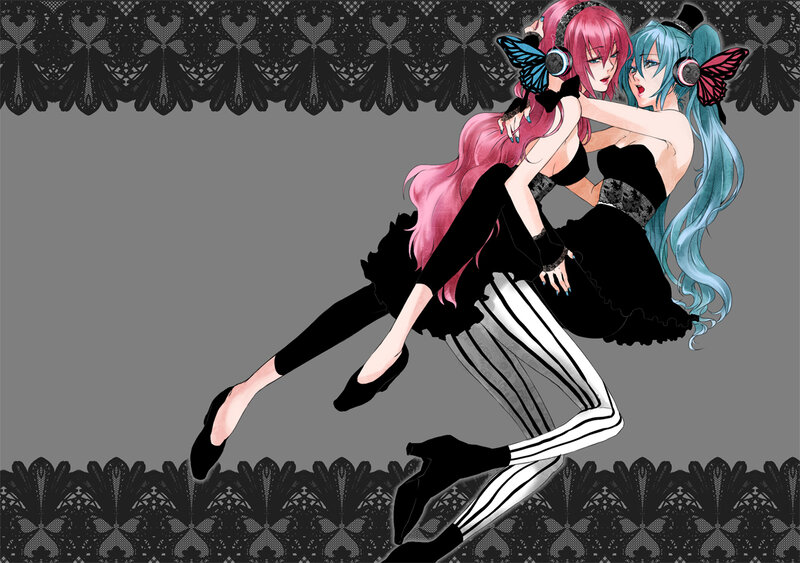 Two Anime Girls Dancing — Black, Dramatic, Headphones, Butterflies, Lace