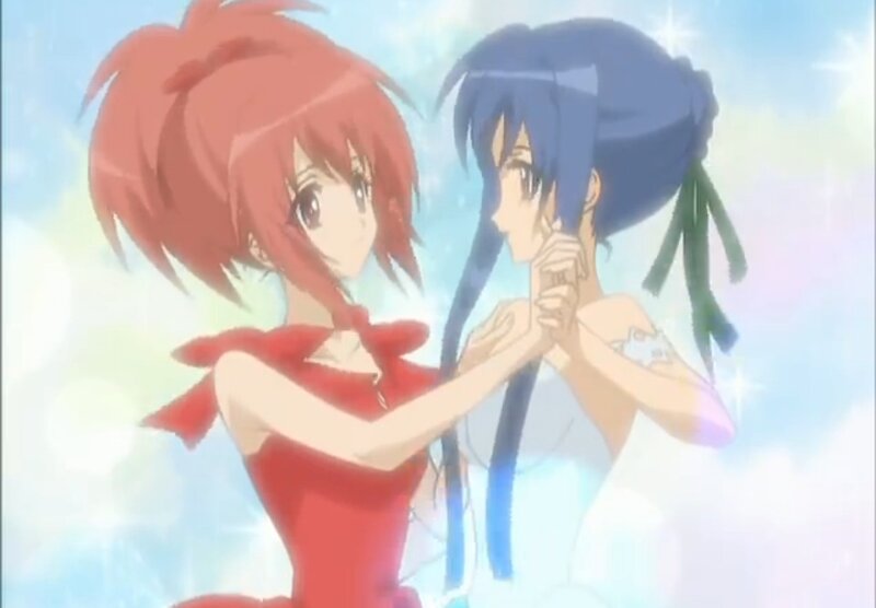 Two Anime Girls Dancing — Blue, Dreamy, Sky