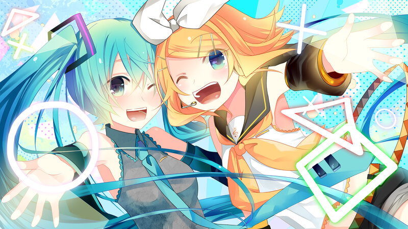 Two Anime Girls Dancing — Blue, Energetic, Microphone, Bow