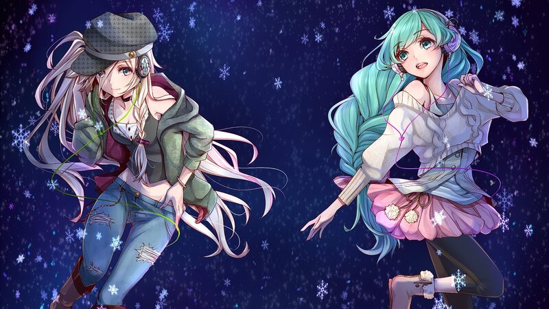 Two Anime Girls Dancing — Blue, Festive, Night