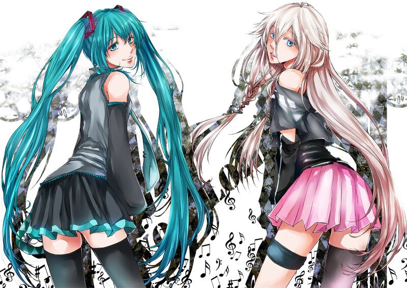 Two Anime Girls Dancing — Blue, Playful, Music Notes