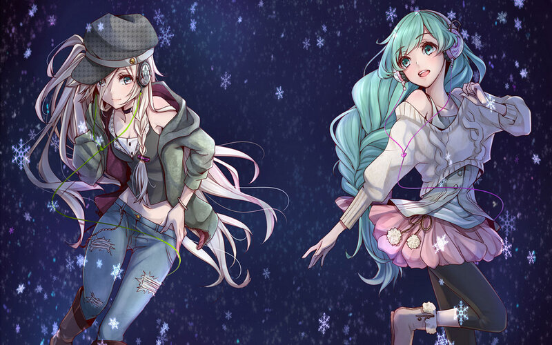 Two Anime Girls Dancing — Blue, Playful, Night
