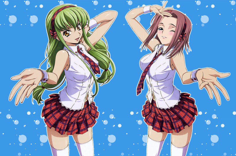 Two Anime Girls Dancing — Blue, Playful, School Uniform